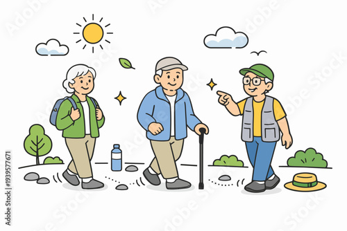 Seniors enjoying outdoor hiking, walking nature trail for healthy lifestyle