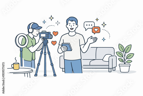 Content creator vlogging with camera and ring light in home studio