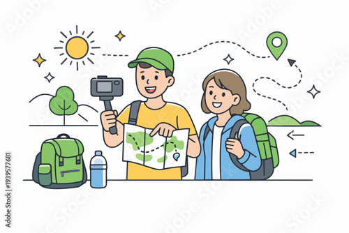 Couple exploring outdoors on a hiking trip, navigating with a map and capturing content