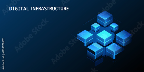 Abstract digital infrastructure concept with interconnected blue cubic structures