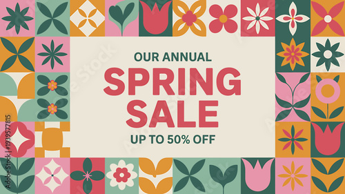 Colorful spring sale advertisement with floral pattern and discount offer