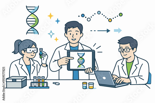 Scientists team analyzing dna sequence in a lab using digital tablet and laptop