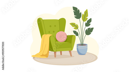 Green armchair with yellow blanket and potted plant on white background