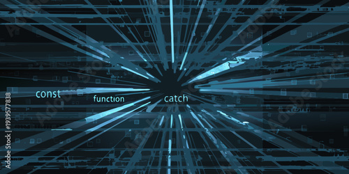 Abstract digital tunnel with code flowing towards a vanishing point