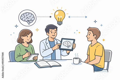 Doctor discussing brain health with patient, explaining mental wellness concepts