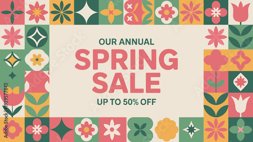 Colorful spring sale advertisement with floral border and discount offer