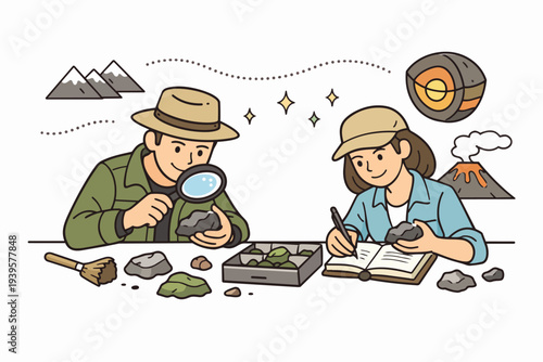 Geologists researching earth science, studying rocks with magnifying glass and taking notes