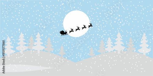 Santa claus and reindeer silhouetted against a bright winter moon