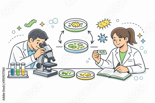 Scientists conducting research with microscope and petri dishes in a laboratory