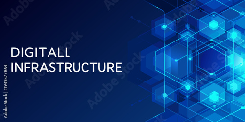 Abstract digital infrastructure background with hexagonal network and text