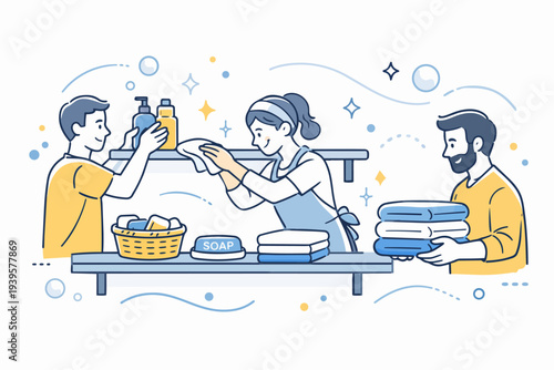 People tidying up and organizing, working together on various cleaning and laundry tasks