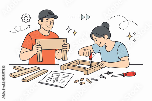 Couple assembling wooden furniture at home, working on a diy project