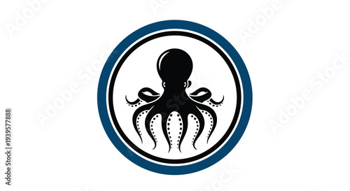 Octopus logo with tentacles in a blue and black circle on white background.