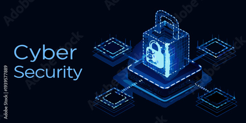 Cyber security concept with a digital padlock and interconnected network