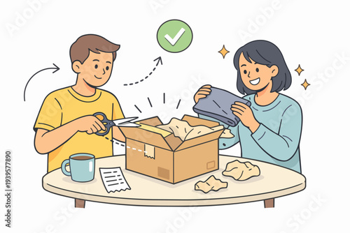 People unboxing mail order package, feeling satisfaction from newly arrived parcel