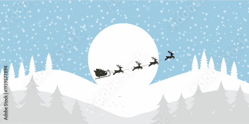 Silhouette of santa claus and reindeer flying across a winter landscape