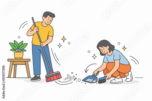 Couple cleaning home together, man sweeping floor and woman using dustpan