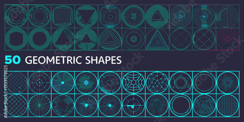 Collection of fifty vibrant neon colored geometric shapes arranged in rows