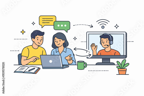 Group of people engaging in distance learning or remote work with virtual meeting