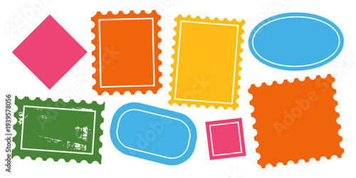 Colorful blank postage stamps and shapes on white background