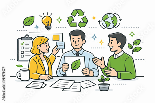 Business team discussing sustainability and green energy solutions