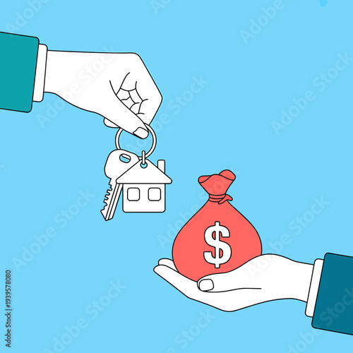 Two hands exchanging house keys and money bag on blue background