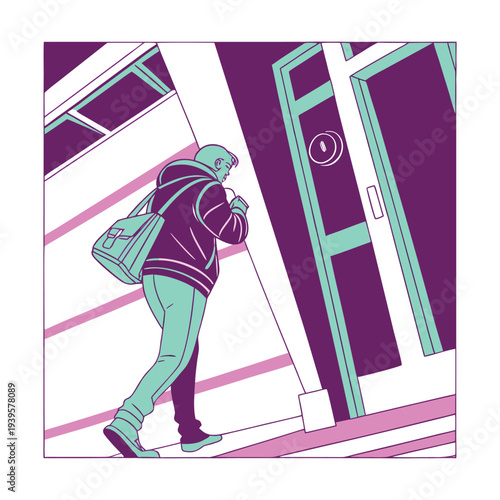 Person with Backpack Entering Glass Door Building Purple Teal Pink Neon Urban Illustration