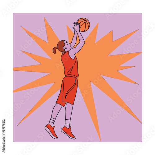  Female Basketball Player Shooting Ball with Orange Starburst Explosion Purple Background Illustration
