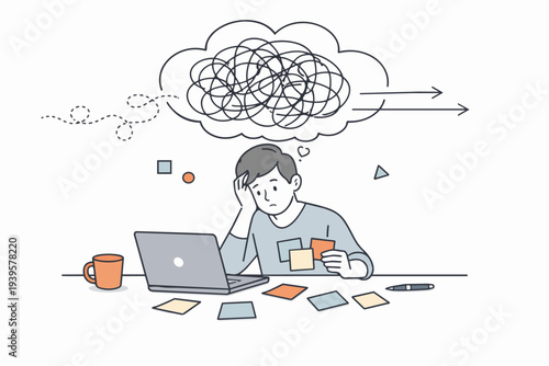 Man having trouble with tangled thoughts and complex problem solving at laptop