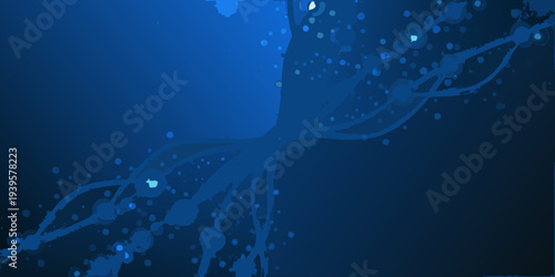 Abstract blue background with flowing shapes and scattered droplet effects