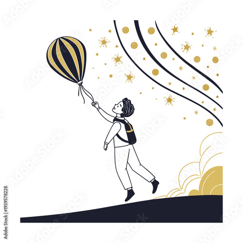 Person Floating with Gold Black Striped Hot Air Balloon Stars Musical Waves Dream Illustration