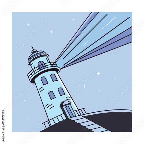  Blue Lighthouse on Dark Hill Projecting Light Beams Blue Sky Stars Flat Illustration