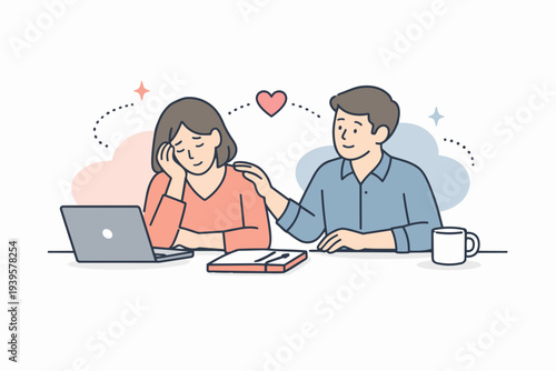 Man comforting sad woman at laptop, showing empathy, support, and care