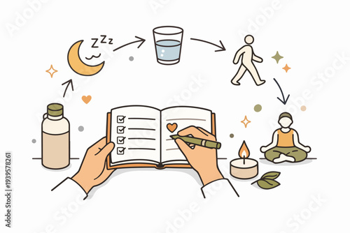 Hands planning a balanced daily wellness and self-care routine with healthy habits