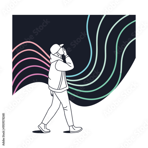 Man with Binoculars Looking Up Dark Background Pink Teal Green Wave Lines Vision Illustration