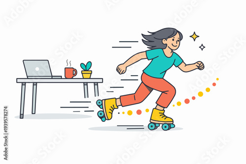 Woman roller skating away from a desk, embracing work-life balance and freedom