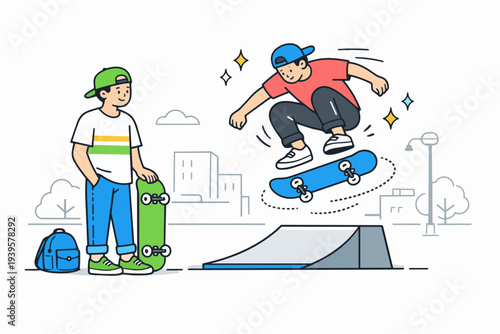 Skateboarder jumping ramp, performing trick in urban park environment