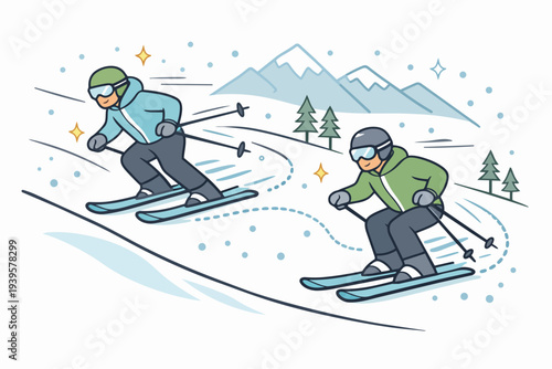 Skiers enjoying winter mountain sport activity on a snowy slope