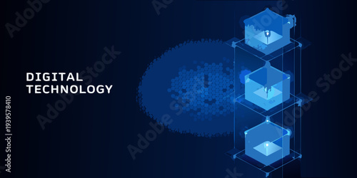 Abstract digital technology background with glowing cube structures and data points