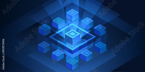 Abstract geometric composition featuring glowing blue cubes in layered formation