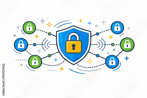 Network security shield protecting digital data with connected lock icons