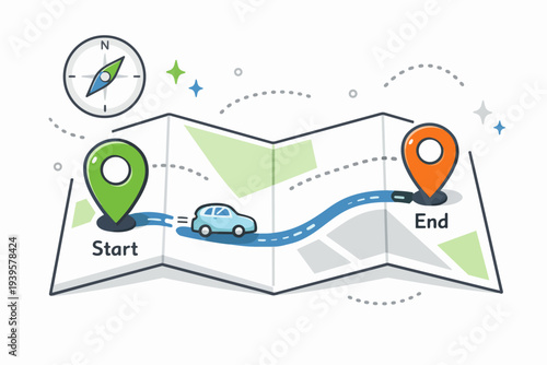Road map with car journey from start to end showing navigation and travel route