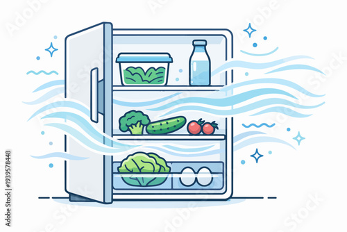 Open refrigerator keeping food fresh with cool air circulating inside