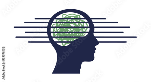 Human Head Silhouette with Green Brain Illustration.