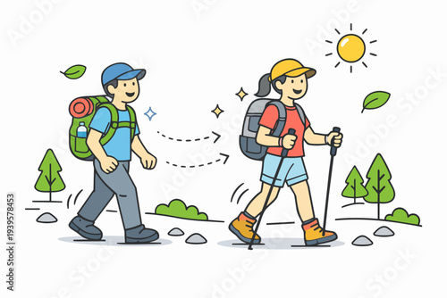 Couple enjoying outdoor hiking adventure, walking with backpacks and trekking poles