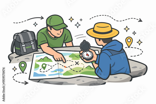 Hikers planning trekking route using map and compass for outdoor adventure