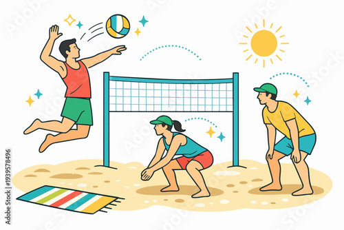 People playing beach volleyball on a sunny day during summer vacation
