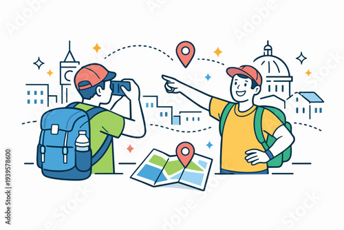 Tourists exploring urban landmarks, navigating city with map, taking photos
