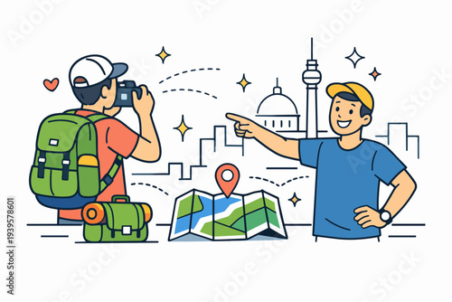 Two cartoon tourists enjoying city travel, navigating with a map, and taking pictures