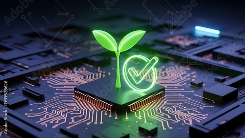 Sustainable technology and green energy computing. Eco friendly electronics and carbon neutrality. Small green sprout with a checkmark glowing on a computer microchip